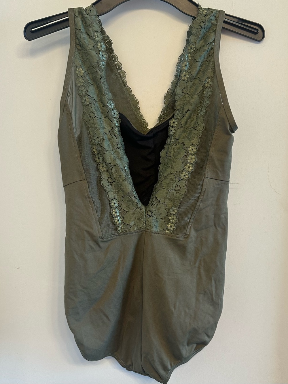 Olive Lace Trim V-Neck ballet leotard - Picture 2 of 7